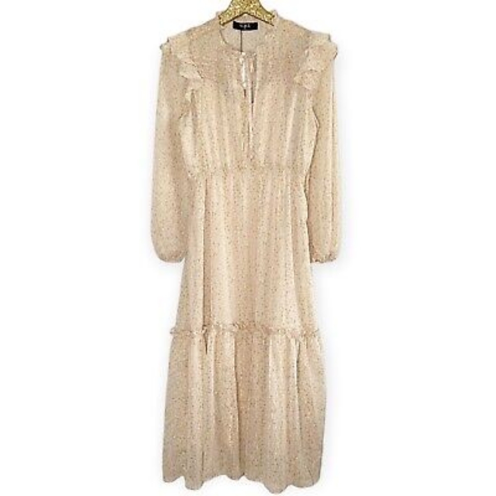 O.P.T. Floral Gold Ruffles Frilly Midi Dress Gold Tan Lurex Sheer Size M
